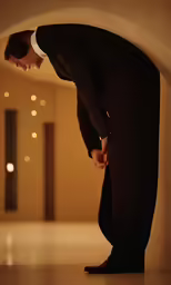 a man bending down while holding his hands together