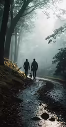 two people in a forest walk a dog on a path