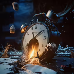 a clock in the middle of the floor surrounded by debris
