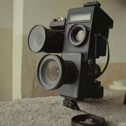 an old photo camera sitting on top of a granite counter