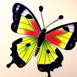 a painted image of a yellow butterfly,there is an image of a butterfly on a white surface,an illustration of a butterfly with very colorful wings,a butterfly painted with colored pencils on a white paper,a butterfly in flight with one yellow and red flying towards the viewer