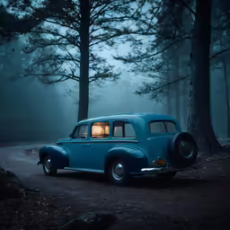 a blue car in the woods driving down the road