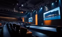 chairs in front of an auditorium that has an oversized screen on the wall