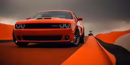 an orange car sitting on the side of the road