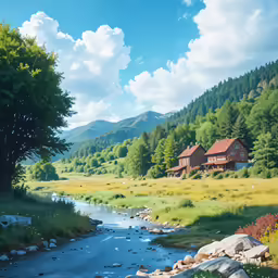 a river flowing past a mountain with a wooden house