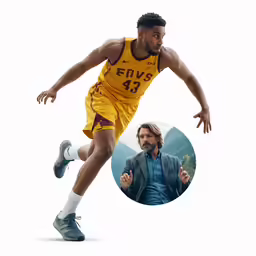 two basketball players in action, one wearing a yellow jersey