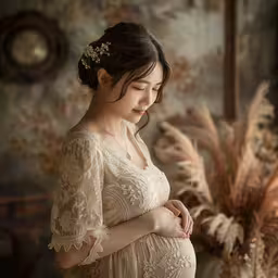 a woman wearing a tiara in front of wall,a pregnant woman wearing an elegant gown looks at her stomach