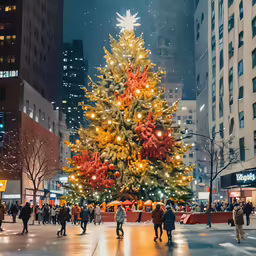 a decorated christmas tree at night surrounded by people