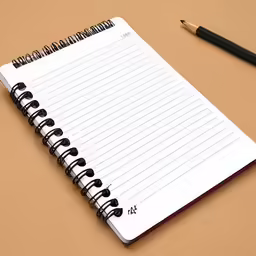 an open notebook on a brown table with a black ballpoint pen