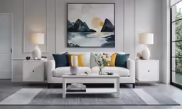 a living room filled with white furniture and two tables