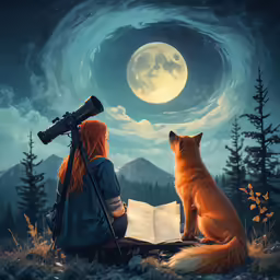 a girl reading a book and looking at a full moon