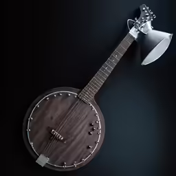an antique style guitar is hanging up on the wall