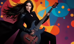 a woman holding a guitar is posing for a photo