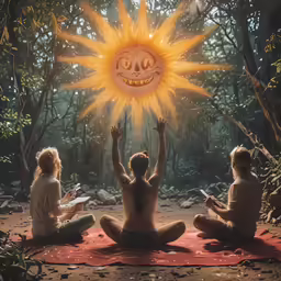 people sitting on red blanket in the woods looking at the sun