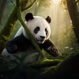 a panda bear that is leaning on a tree
