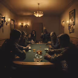 group of people sitting around a green table eating food