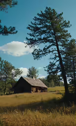 a cabin is shown by a tree in the field