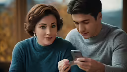 a man and a woman sitting together at a table looking at a phone