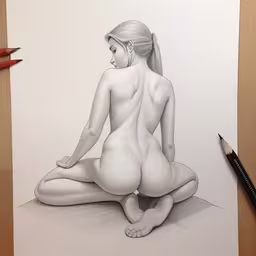a drawing of a naked woman with legs crossed and hand behind her head,a pencil drawing of a girl sitting down