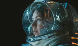 a woman in an astronaut suit looking down at something on her chest