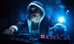 dj playing music in front of microphones at dark stage