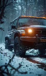 a suv is driving through some deep snow