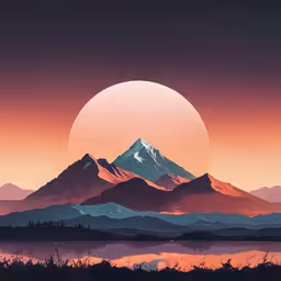 a bright sunset shows the mountains with a large body of water below it,an illustration of a mountain with a lake below it in the foreground