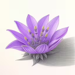 the blue flowers are in colored pencil drawing,a purple flower is depicted in this pastel drawing