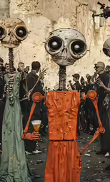 two skeletons wearing costumes with drinks in their hands