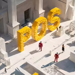 an aerial view of a group of people walking by letters