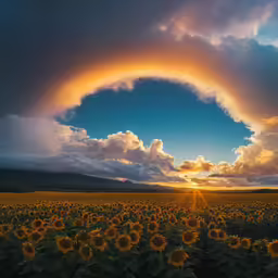 a sunflower field that has a rainbow in the sky