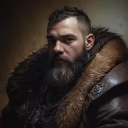 a bearded man with a leather jacket is looking into the distance