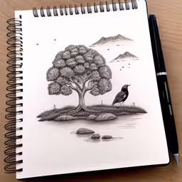 pencil drawing of a tree and a bird with mountains in the background,a notebook with a drawing of a tree, river, and bird,there is a bird sitting on the branch of a tree near water,a drawing with some pencil on it,pencil drawing of a bird sitting on a tree stump near some rocks