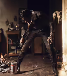 a person in costume leaning over a can