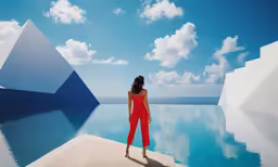 a woman standing on the edge of an outdoor pool next to an ocean