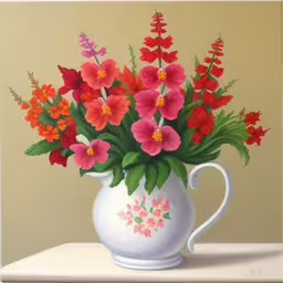 /tmp/FOOnZhHwt.jpg = a painting of a white tea cup with red flowers in it
,/tmp/FOOnZhHwt.jpg = there is a painting of many flowers in the pot
,/tmp/FOOnZhHwt.jpg = painting of a vase with colorful flowers and foliage on the table
,/tmp/FOOnZhHwt.jpg = a white pitcher filled with flowers and greenery
,/tmp/FOOnZhHwt.jpg = a vase full of flowers sitting on a table
,/tmp/FOOnZhHwt.jpg = a painting of some colorful flowers in a white vase
,/tmp/FOOnZhHwt.jpg = colorful flowers are in a vase on the table
