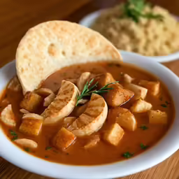a bowl full of stew with bread on the side