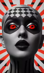 a woman is featured with red eyes in this surreal image