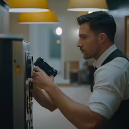 a man opening the door to a locker in a building
