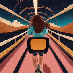 a woman walking down a walkway with a suitcase,a woman walking down a bridge wearing boots