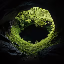 a small cave with moss growing around