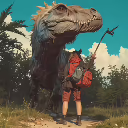 a man with a large dinosaur and backpack on