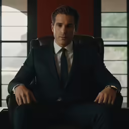 a man in a suit sits in an office chair