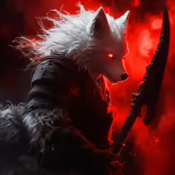 a fox with a sword with fire eyes in a movie character