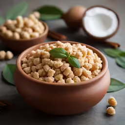 two brown bowl filled with cereal with a leaf decoration