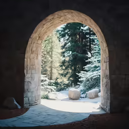 a stone arch over looking the snow covered trees