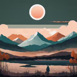 a person stands by the water looking into the distance,there is a man standing in the mountains