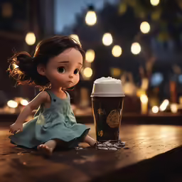 a cute little doll sitting on a table near a cup of coffee