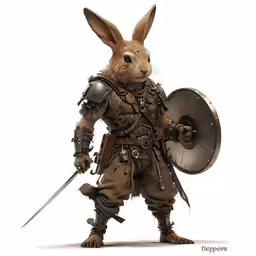 the rabbit character in armor with his sword and shield