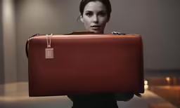 a woman with brown luggage in her hands